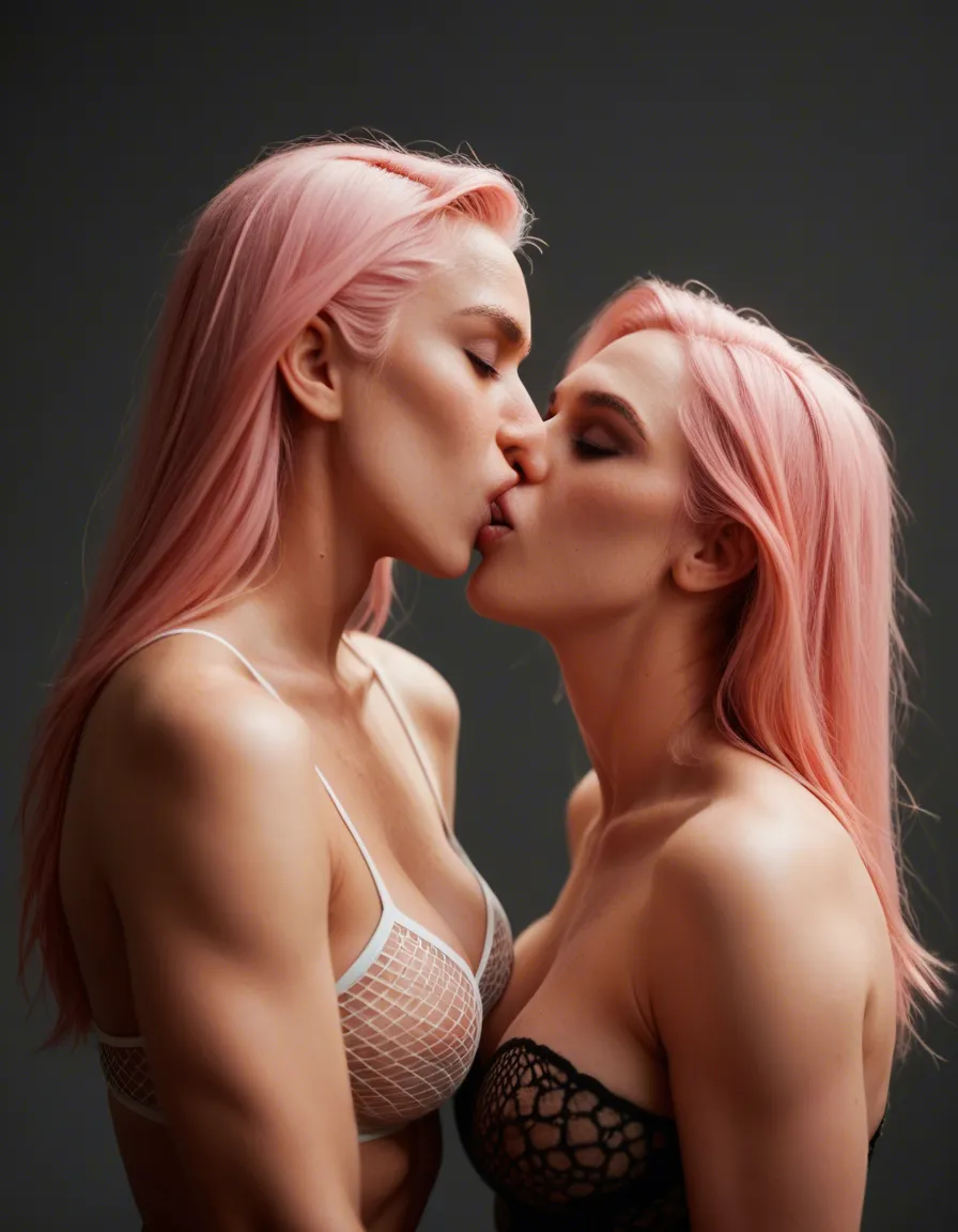 sharp focus, multiple_women ,kissing,fishnet,pink hair, score_9, score_8, candid photo, realistic skin texture, visible skin pores, film grain, depth of field