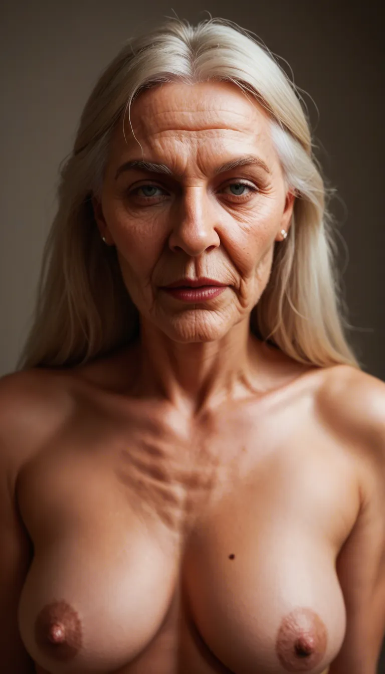an old graying blonde grandma with a long face, big nose, tits like an elderly woman's: pendulous, long, drooping, saggy, with enormouse oversized areolas and thick protuding hard nipples; She is leaning over with her tits hanging freely and she is laughing derisively and pointing at me; multiple_views
