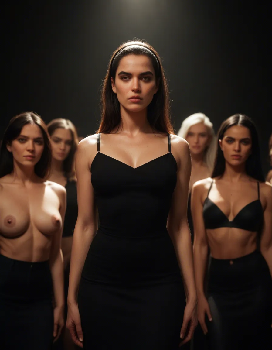cinematic photo, 8k, 4women, hairband, black skirt, fully nude, soft lighting, studio photo, score_9, score_8, candid photo, realistic skin texture, visible skin pores, film grain, depth of field