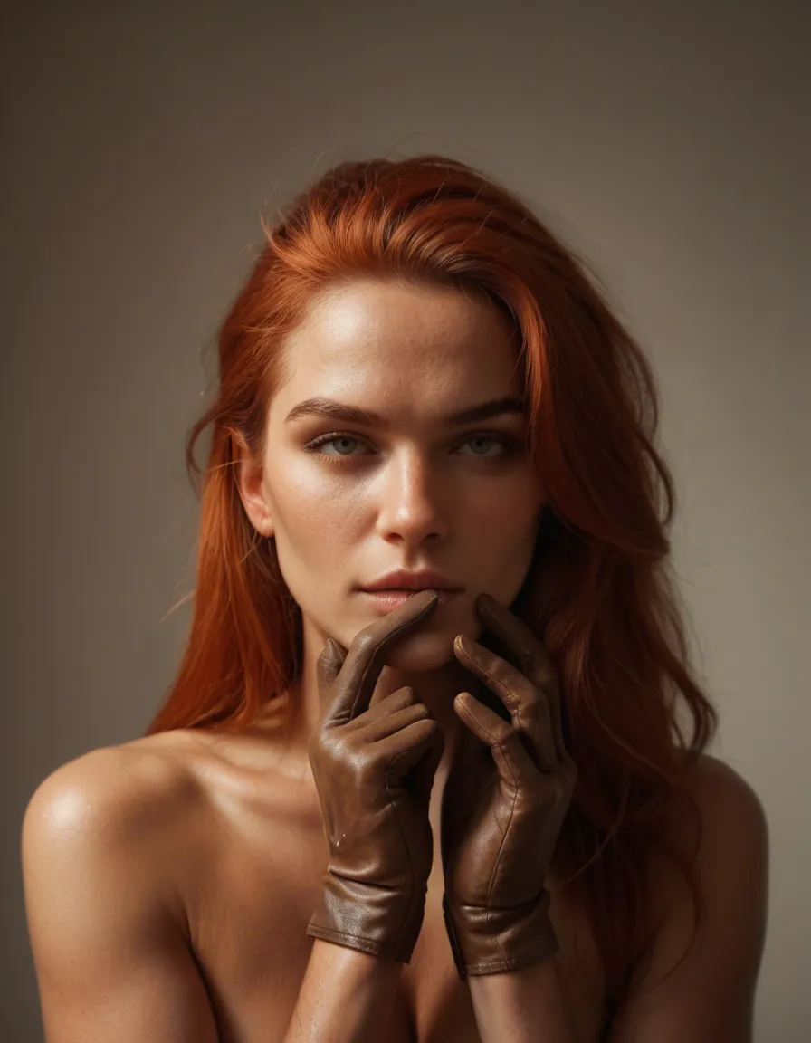 8k, sharp focus, detailed skin, redhead woman, gloves, presenting, natural skin texture, score_9, score_8, amateur photo, phone snapshot, realistic skin texture, skin blemishes, soft indoor lighting