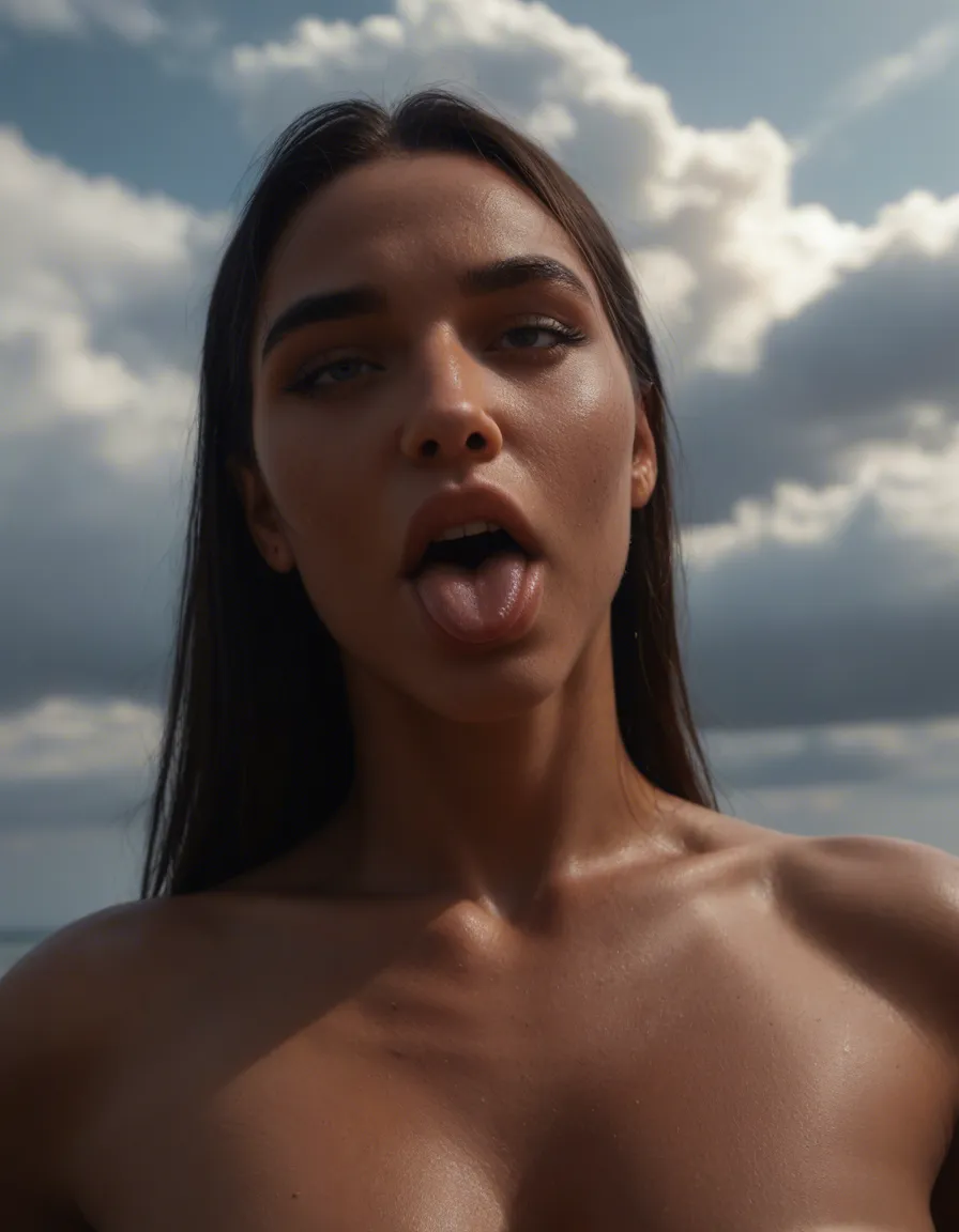 sharp focus, 8k uhd, extreme close-up, solo focus, ahegao, hand on own hip, cloud, natural skin texture, score_9, score_8, amateur photo, phone snapshot, realistic skin texture, skin blemishes, soft indoor lighting