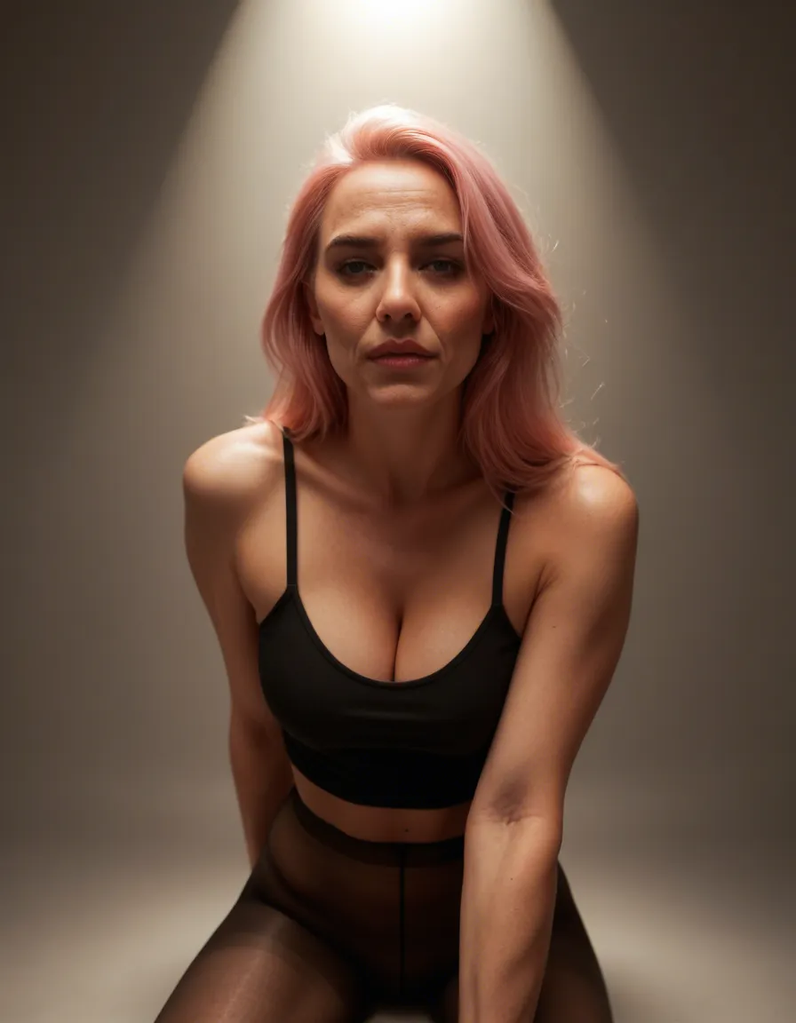 cinematic photo, 8k, milf, pink hair, pantyhose, presenting, spotlight, dslr quality, score_9, score_8, candid photo, realistic skin texture, visible skin pores, film grain, depth of field