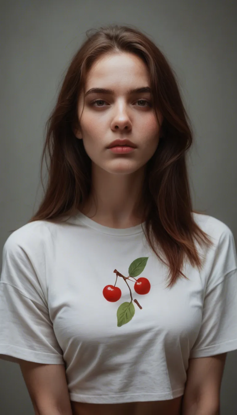 A young woman with long brown hair, wearing a light blue cropped t-shirt with a "Cherries" graphic, is positioned on her hands and knees on a gray leather couch, looking upwards with an open mouth and wide eyes, expressing surprise or excitement. A young man with short blonde hair and a dark grey t-shirt is behind her, FUCKING HER The scene is set in a spacious, well-lit living room with light-colored walls and large windows covered by white blinds in the background. To the left, a black grand piano with its lid open is visible, and to the right, two elegant grey upholstered armchairs with tufted backs and studded trim are present. A black faux fur blanket is draped over the couch to the left of the woman.