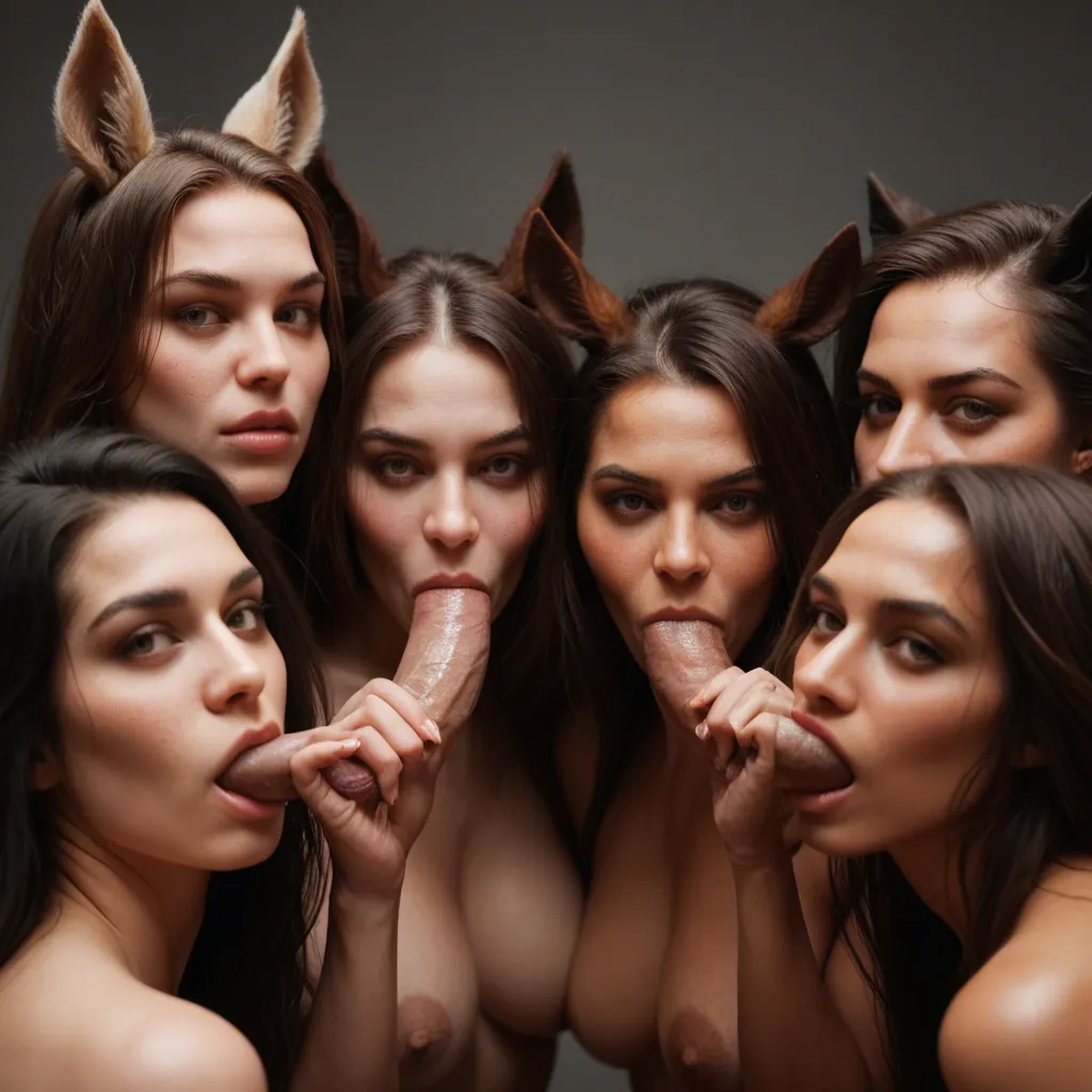 8k, sharp focus, detailed skin, over the shoulder, 5women, oral, horse ears, RAW photo
