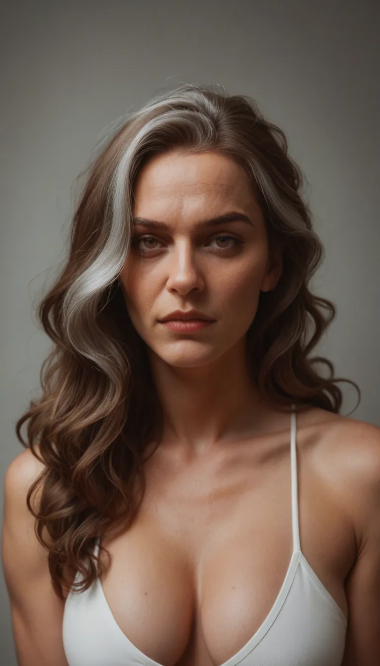 mature, warmly feminine woman with a confident yet approachable presence. She has long, dark, naturally wavy hair threaded with graceful silver highlights, warm hazel-brown eyes, a lightly sun-kissed complexion, and an easy, playful smile.

She is kneeling comfortably on a neatly made bed, glancing back over her shoulder toward the viewer. Her soft powder-blue, lace-trimmed nightdress complements the warm amber bedroom lighting. The lamps, candles, subdued artwork, and neutral bedding create an intimate but peaceful atmosphere. best quality, hyperrealistic, lustful eyes, photorealistic