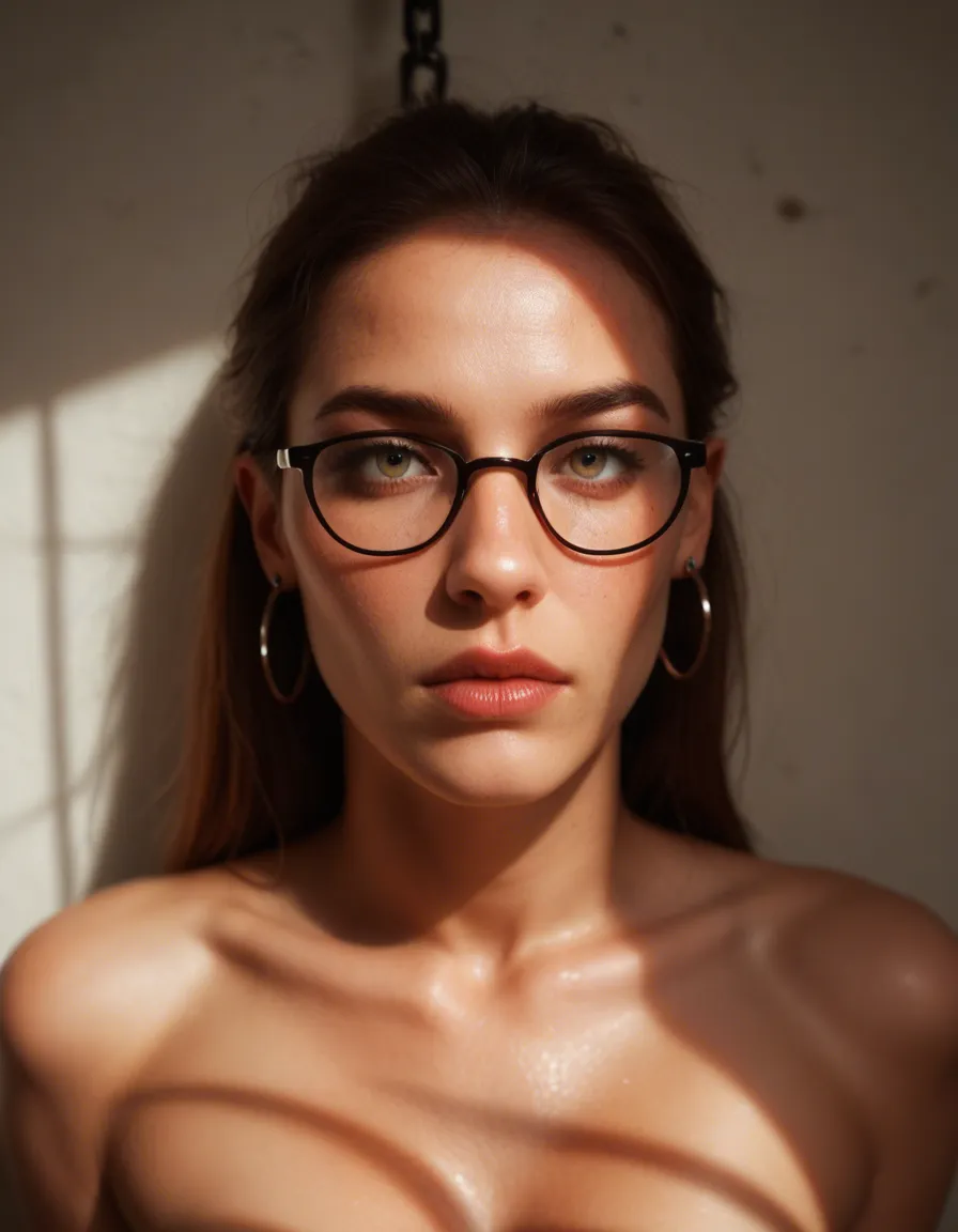 highly detailed, natural lighting, solo female, glasses, earrings, bondage, from above, hyperrealistic, score_9, score_8, candid photo, realistic skin texture, visible skin pores, film grain, depth of field