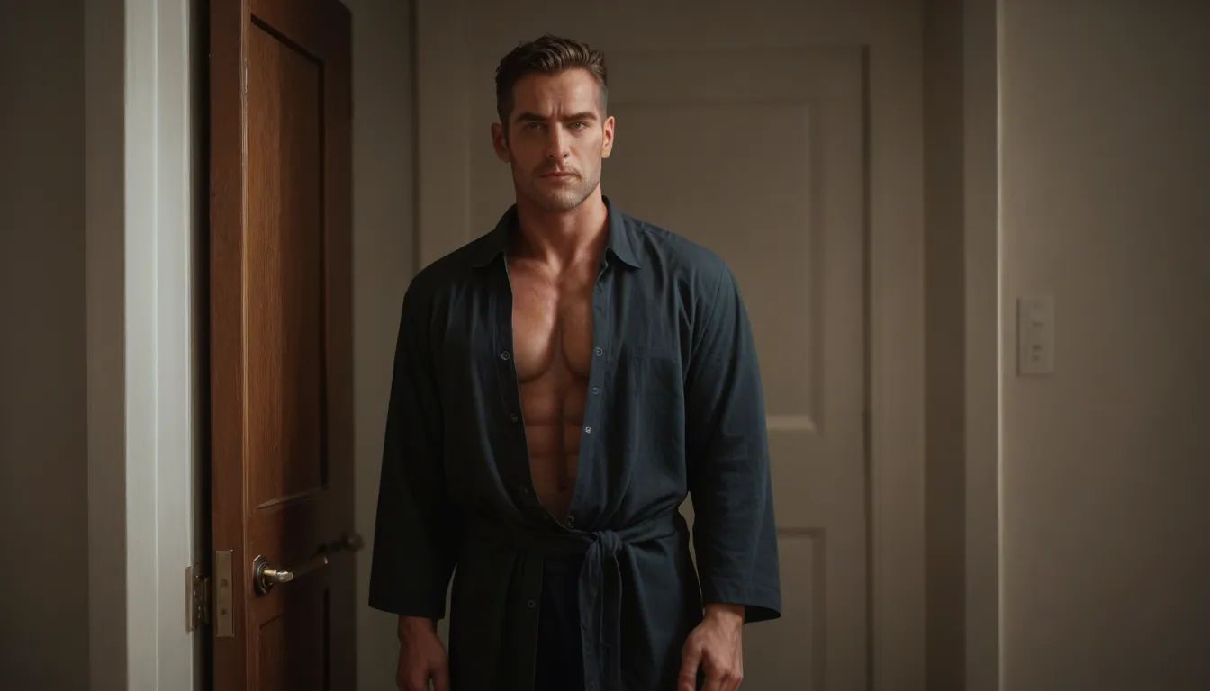 A muscular adult man in his thirties in a dark unbuttoned shirt and slacks stands in the doorway, watching her. She rises, robe sliding off one shoulder, walks toward him, and grabs his belt. Close medium two-shot, low-key lighting, rim light on her hips and his jaw, hotel suite background softly bokeh, photorealistic, cinematic still from an adult film.