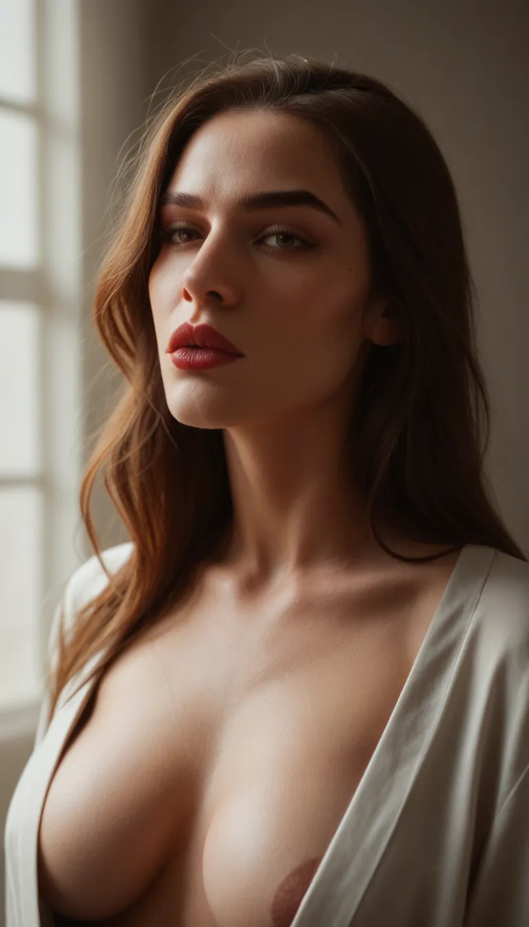 Tight medium close-up: they kiss hard. Her lipstick smears. His hands yank the robe fully off; her breasts press against his chest as she unbuckles him. Hands in hair, mouths open, spit shine, warm tungsten plus cool window light, intimate framing, photorealistic erotic cinema.