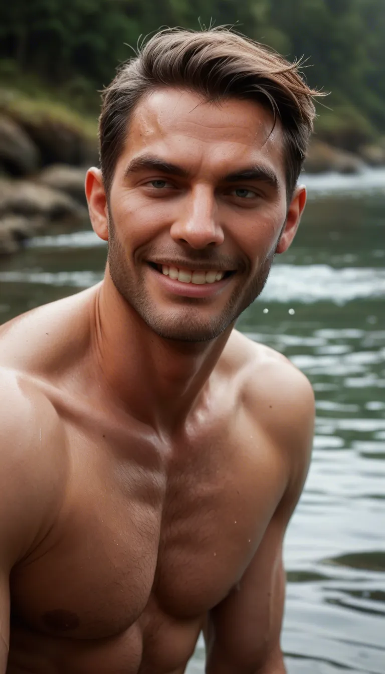 RAW photo, ultra realistic, male focus, presenting, mole, water, teasing grin