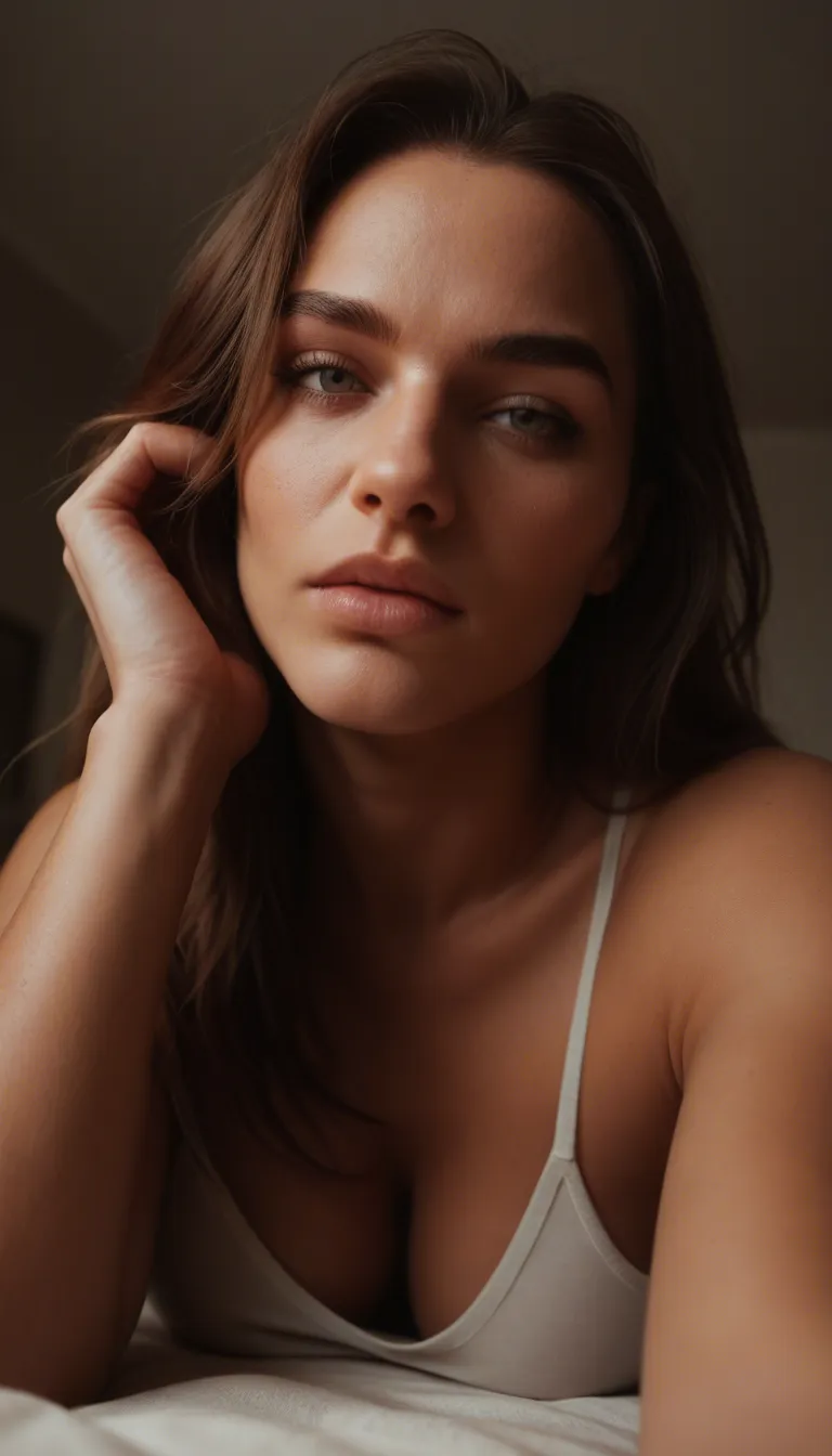 An amateur smartphone photo, POV angle, showing woman with warm brown skin with rich bronze undertones. She has a facial structure. She has a short stature with a diminutive low stance and a small frame. Her physique features a small teardrop breasts with a sloping upper breasts with pointy puffy nipple. posing in living room. candid snapshot. The composition is slightly off-centre and tilted, captured with the raw, unedited quality of a phone camera, featuring visible digital noise in the shadows and a few slight motion blur artefacts. Her skin is unretouched with visible pores and natural imperfections.
