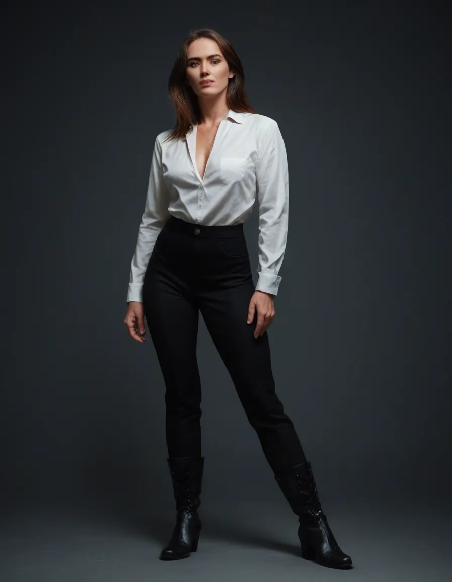 professional photo, high detail, solo female, boots, presenting, RAW photo, score_9, score_8, candid photo, realistic skin texture, visible skin pores, film grain, depth of field