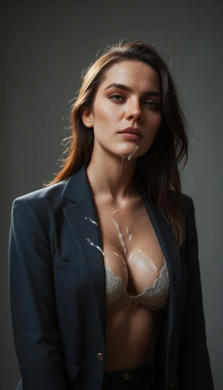 best quality, hyperrealistic, solo female, blazer, open_jacket, cum_on_breasts, cum_on_clothes, no_bra, long_hair, masturbation, photorealistic