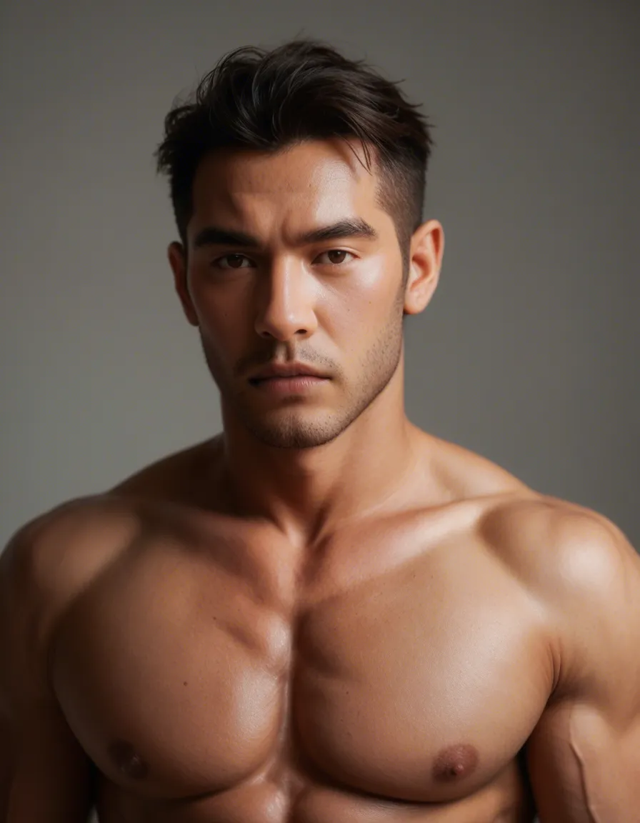 Gay asian man. muscular and huge dick, score_9, score_8, candid photo, realistic skin texture, visible skin pores, film grain, depth of field