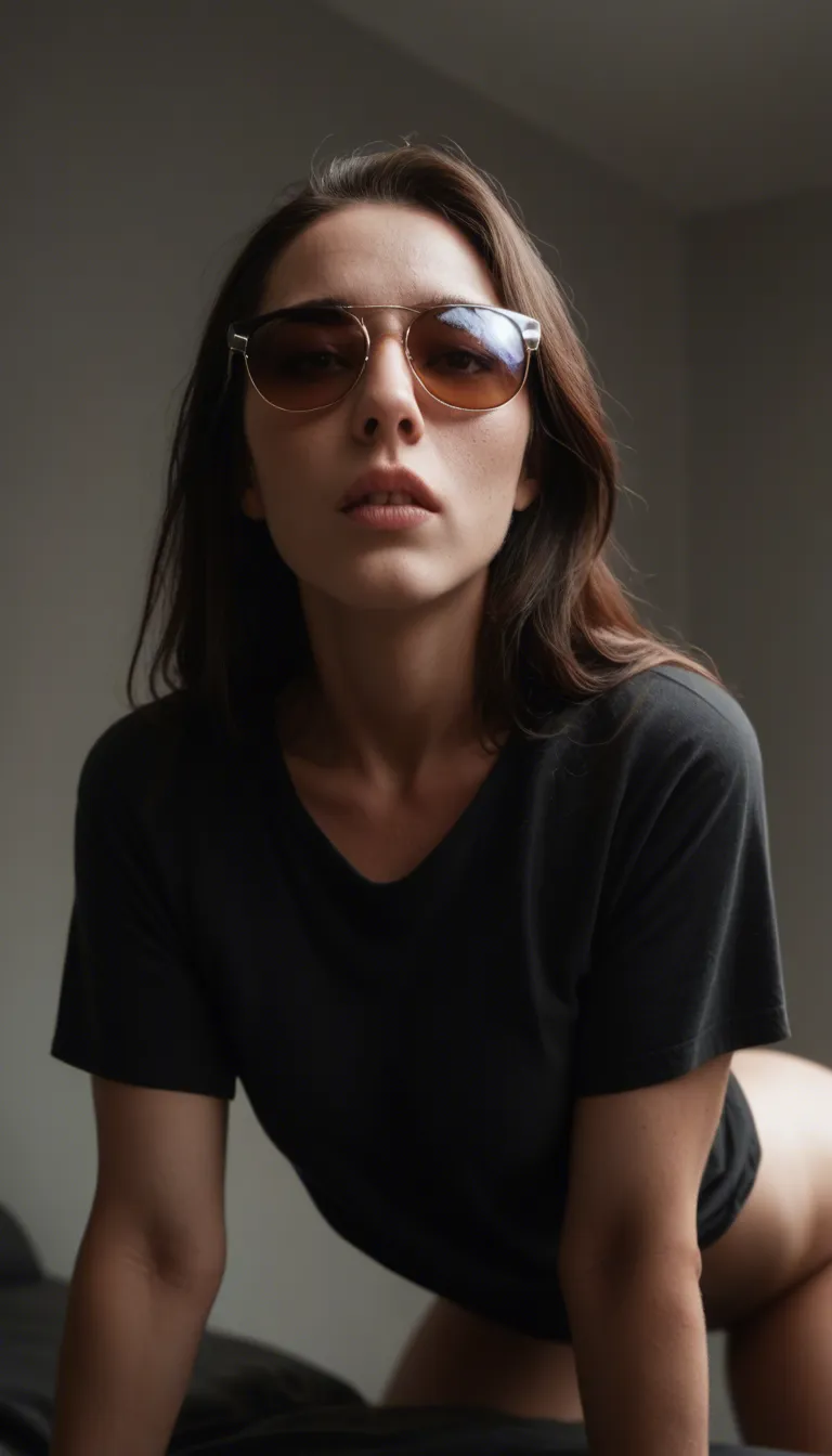 ultra HD, lifelike, succubus, sunglasses, shirt, doggy style, grey background, spotlight, RAW photo