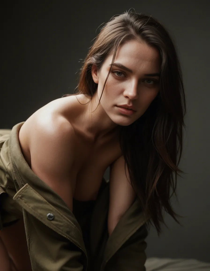 dslr, film grain, photorealistic, 1woman, bare shoulders, jacket, doggy style, military, studio lighting, lifelike render, score_9, score_8, candid photo, realistic skin texture, visible skin pores, film grain, depth of field