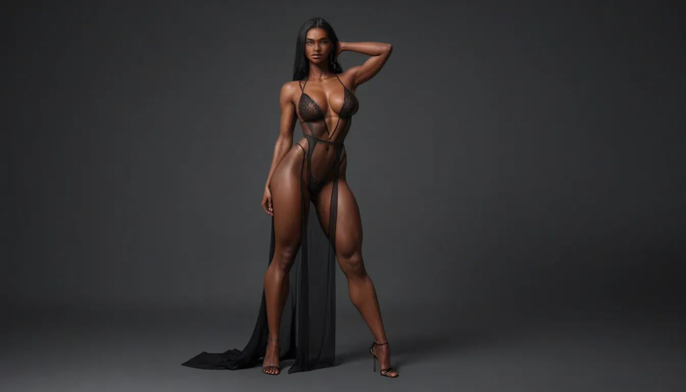 full body front view, mocha skin, morroccan amazigh woman, 30 year old, long black hair, big breasts, shaved under arms, thick_thighs , slim waist, medium ass, short, skin detail, wearing lingerie under a sheer black dress, posing with one hand on her hip and the other hand behind her head, on the porch, looking seductively into the camera., score_9, score_8, amateur photo, phone snapshot, realistic skin texture, skin blemishes, soft indoor lighting, score_9, score_8, candid photo, realistic skin texture, visible skin pores, film grain, depth of field