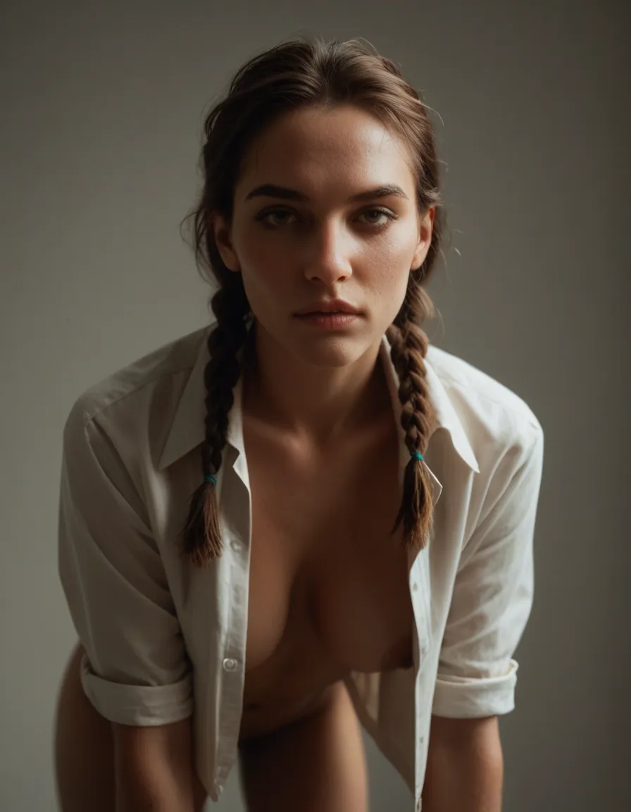 ultra HD, lifelike, multiple girls, twin braids, open clothes, bent over, studio photo, score_9, score_8, candid photo, realistic skin texture, visible skin pores, film grain, depth of field
