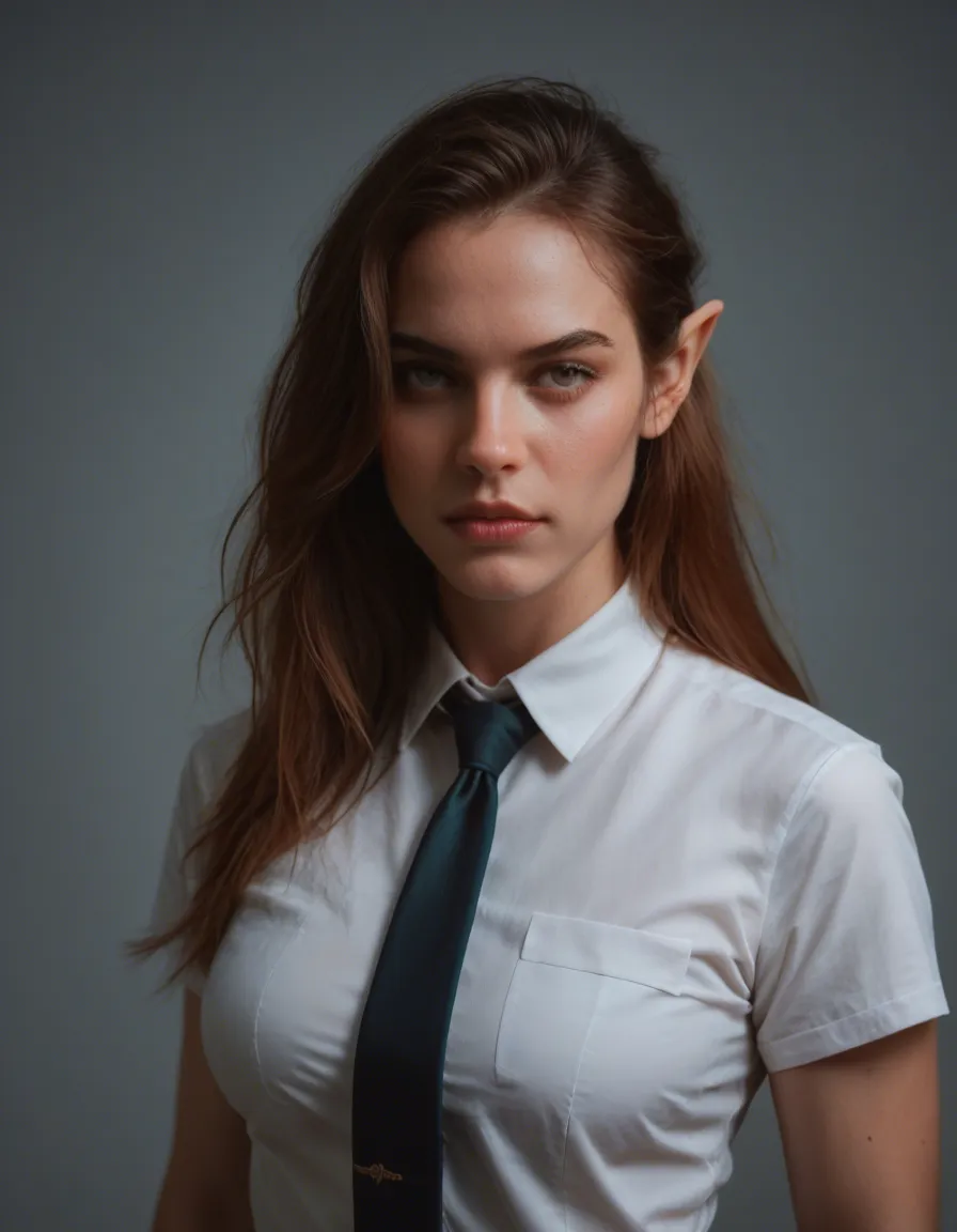 RAW photo, ultra realistic, elf woman, floating hair, necktie, futanari, warm tones, hyperrealistic, score_9, score_8, candid photo, realistic skin texture, visible skin pores, film grain, depth of field