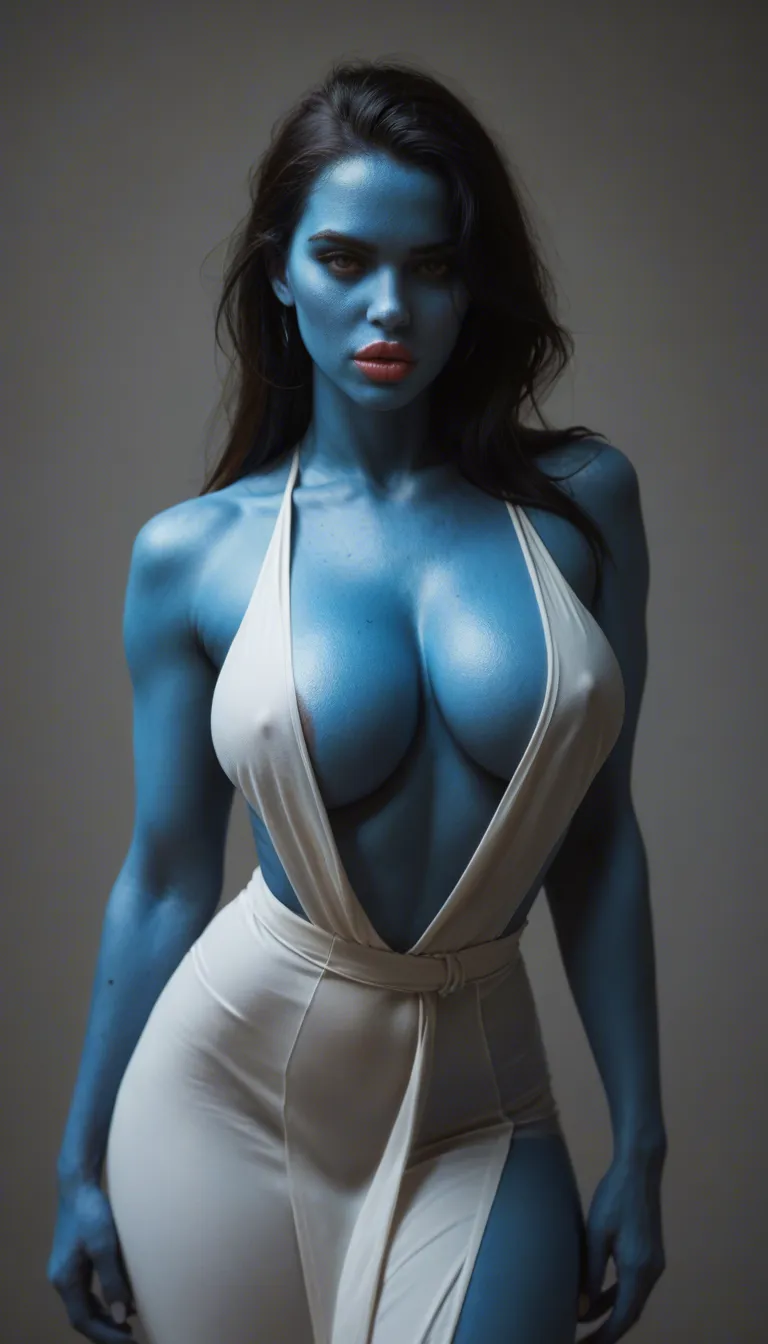 Tall, beautiful blue skinned voluptuous and curvaceous female with a beautiful face, big lips, enormous breasts due to macromastia, and big curvy body, wearing a tiny hocolate bikini that is melting in the scorching heat, her skin slick with sweat, body slams a man wearing only his pair of shorts, into a thick and sticky field of steaming pale coloured mud