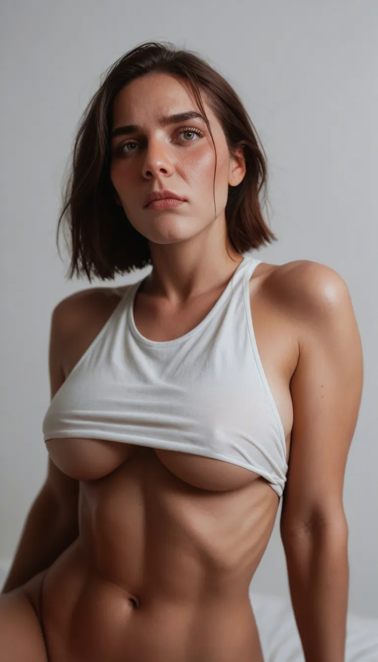 cinematic photo, 8k, from above, solo female, oral, underboob, white background, nervous blush, film photography