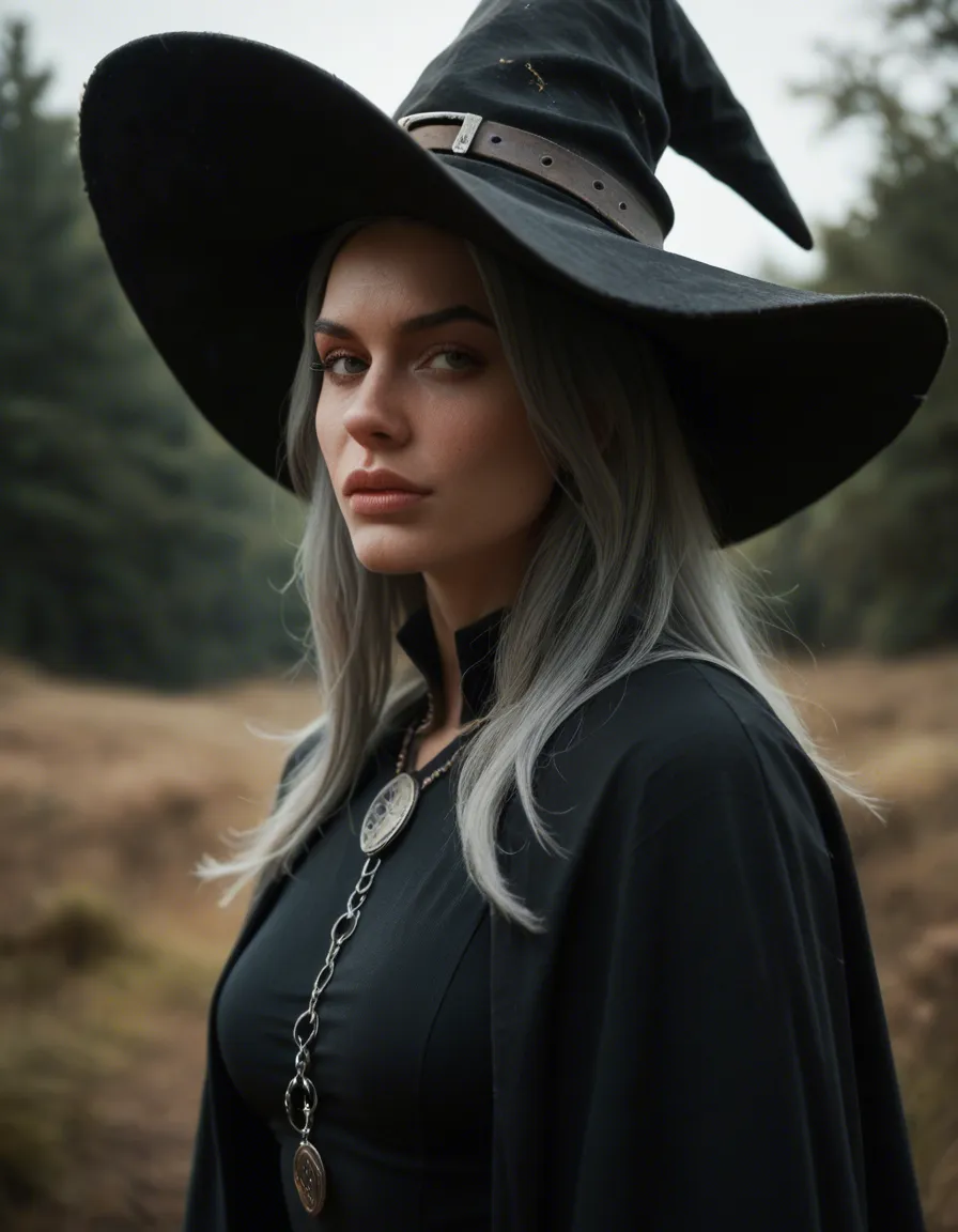 ultra HD, lifelike, witch, grey hair, cowgirl, score_9, score_8, candid photo, realistic skin texture, visible skin pores, film grain, depth of field