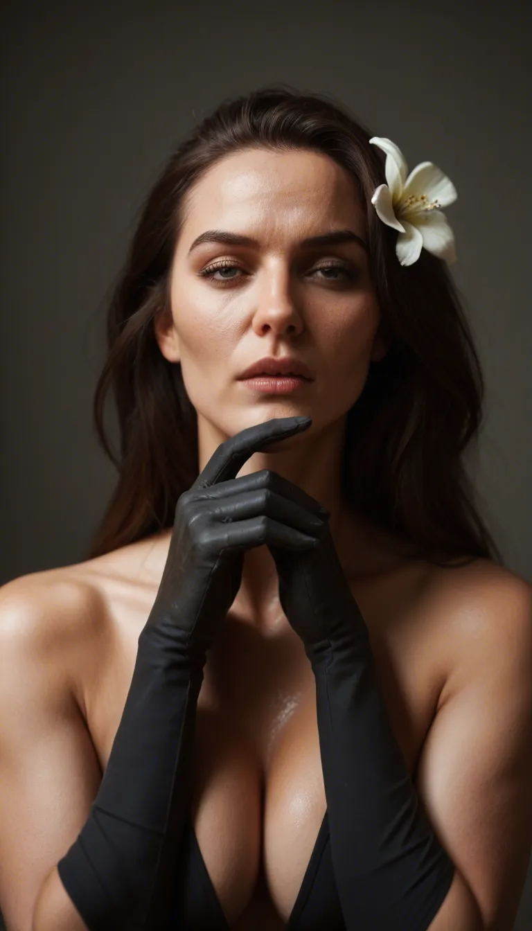 8k, sharp focus, detailed skin, mature female, hair flower, black gloves, orgasm, lifelike render