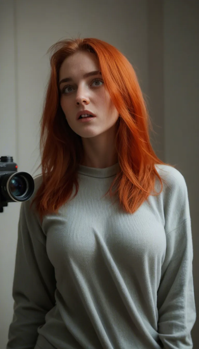 cute redhead, sweater, medium breasts, camera zooms out as her clothes dissolve, leaving her naked and shocked