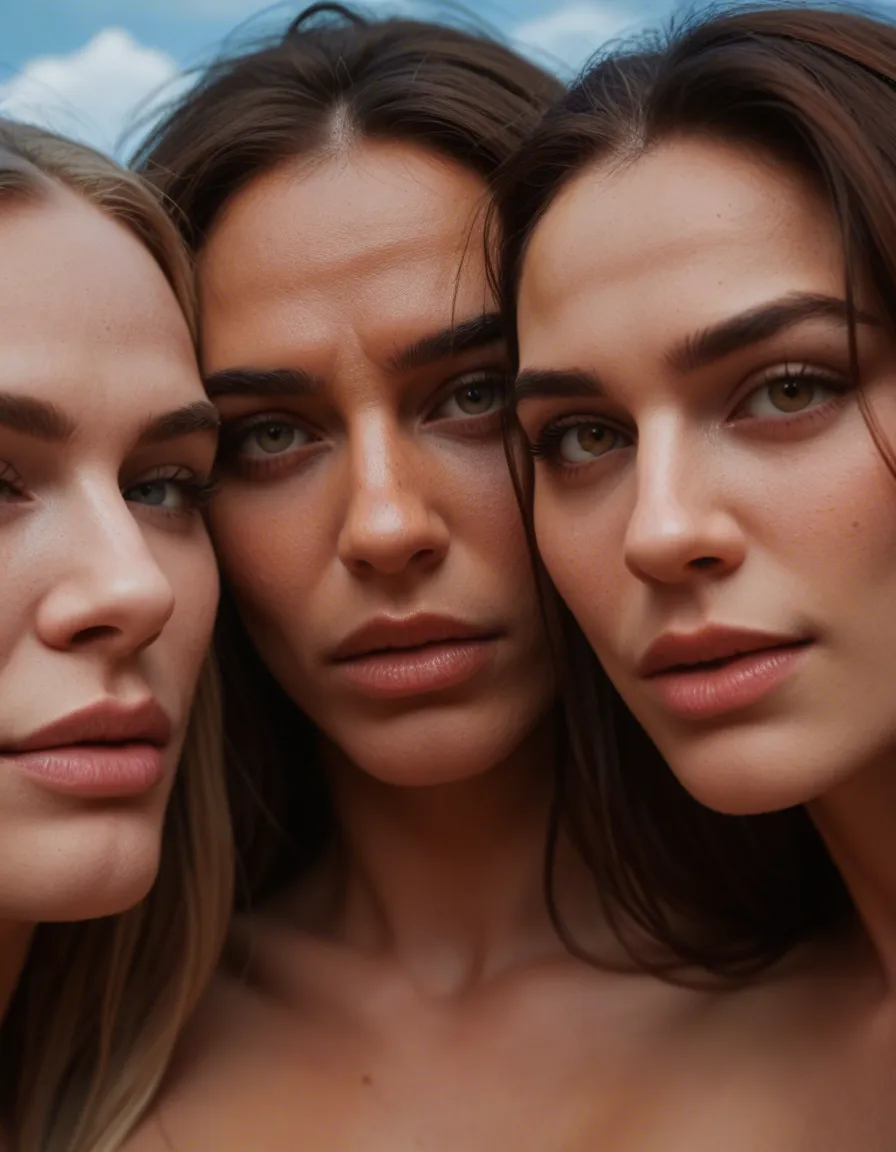 cinematic photo, 8k, close-up, 3women, leg up, wide hips, blue sky, dominant stare, hyperrealistic, score_9, score_8, candid photo, realistic skin texture, visible skin pores, film grain, depth of field