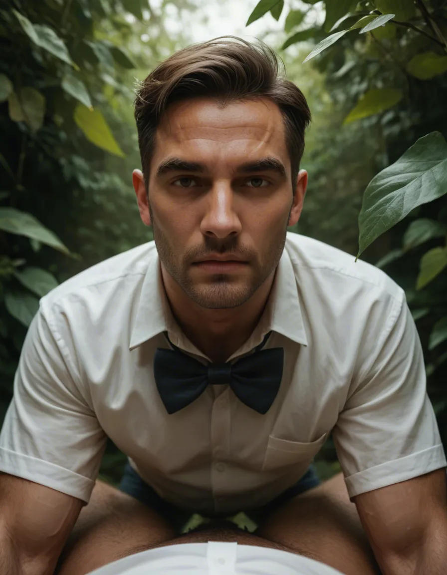 studio quality, sharp focus, 2boys, groin, bowtie, bent over, leaf, POV, 8k uhd photo, score_9, score_8, candid photo, realistic skin texture, visible skin pores, film grain, depth of field