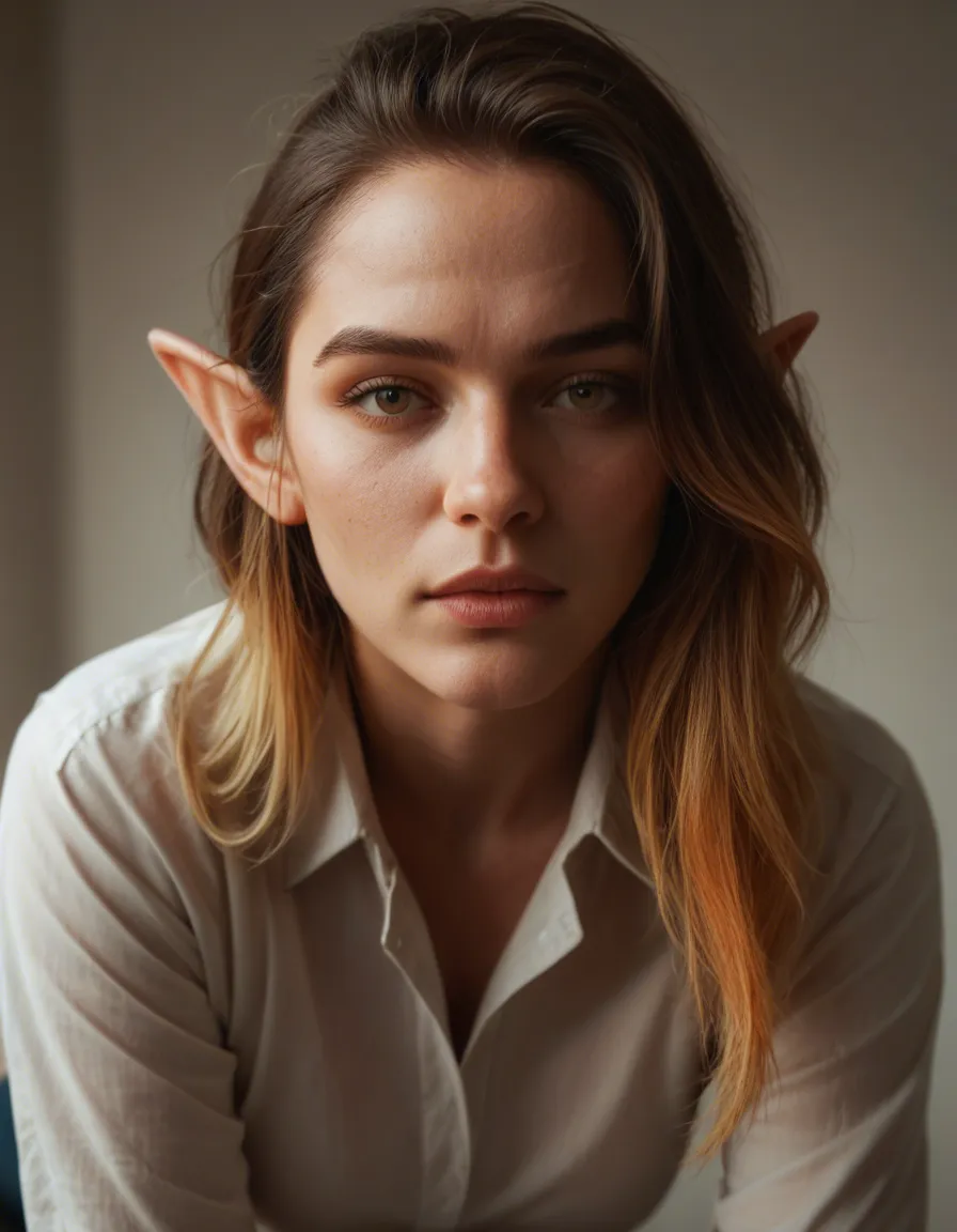 8k, sharp focus, detailed skin, elf woman, gradient hair, collared shirt, bent over, golden hour, photorealistic, score_9, score_8, candid photo, realistic skin texture, visible skin pores, film grain, depth of field