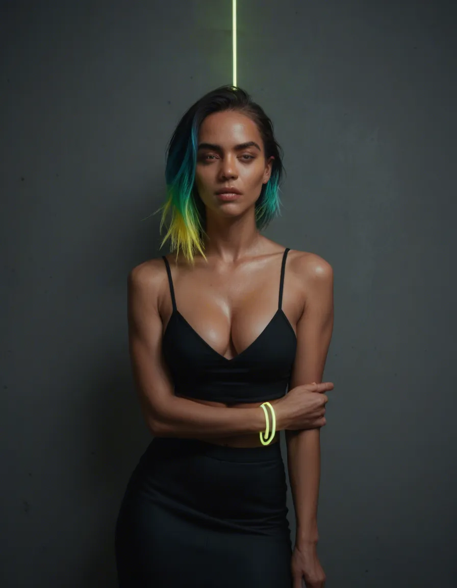 ultra HD, lifelike, 1girl, multicolored hair, black skirt, bondage, neon glow, natural skin texture, score_9, score_8, candid photo, realistic skin texture, visible skin pores, film grain, depth of field
