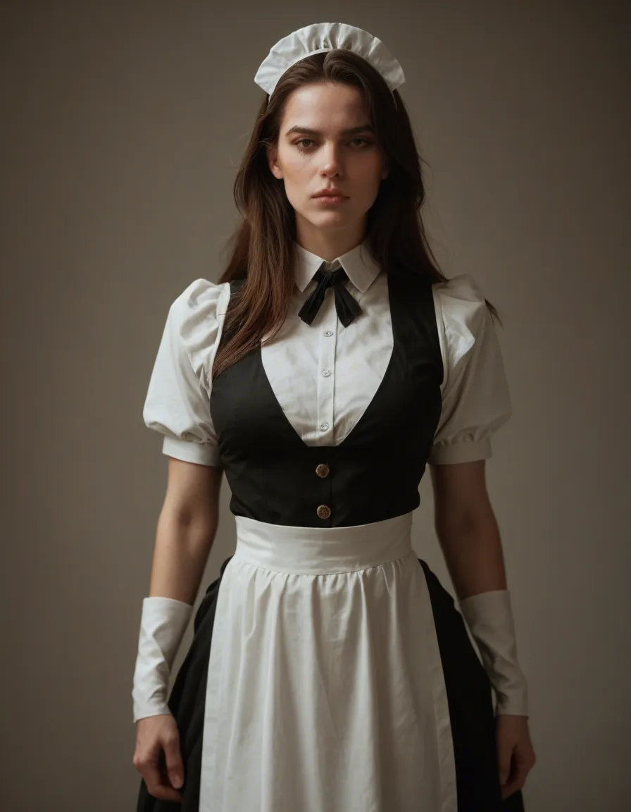futanari, women Edwardian maid uniform, score_9, score_8, candid photo, realistic skin texture, visible skin pores, film grain, depth of field