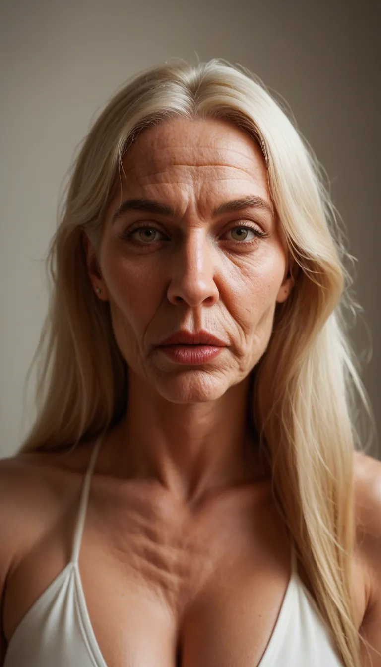 an older blonde with a long face, big nose, full lips, thick grandma body, big old deflated-looking sagging stretch-marked tits with extremely oversized areolas and huge thick hard nipples is nude, wide-eyed and standing, leaning over so her boobs hang low, she is laughing and pointing; hotel room