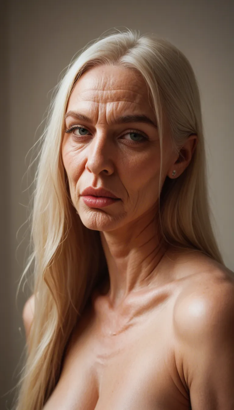 an older blonde with a long face, big nose, full lips, thick grandma body, big old deflated-looking sagging stretch-marked jiggly tits with extremely oversized areolas and huge thick hard nipples is nude, wide-eyed and laughing and calling me a sissy; hotel room