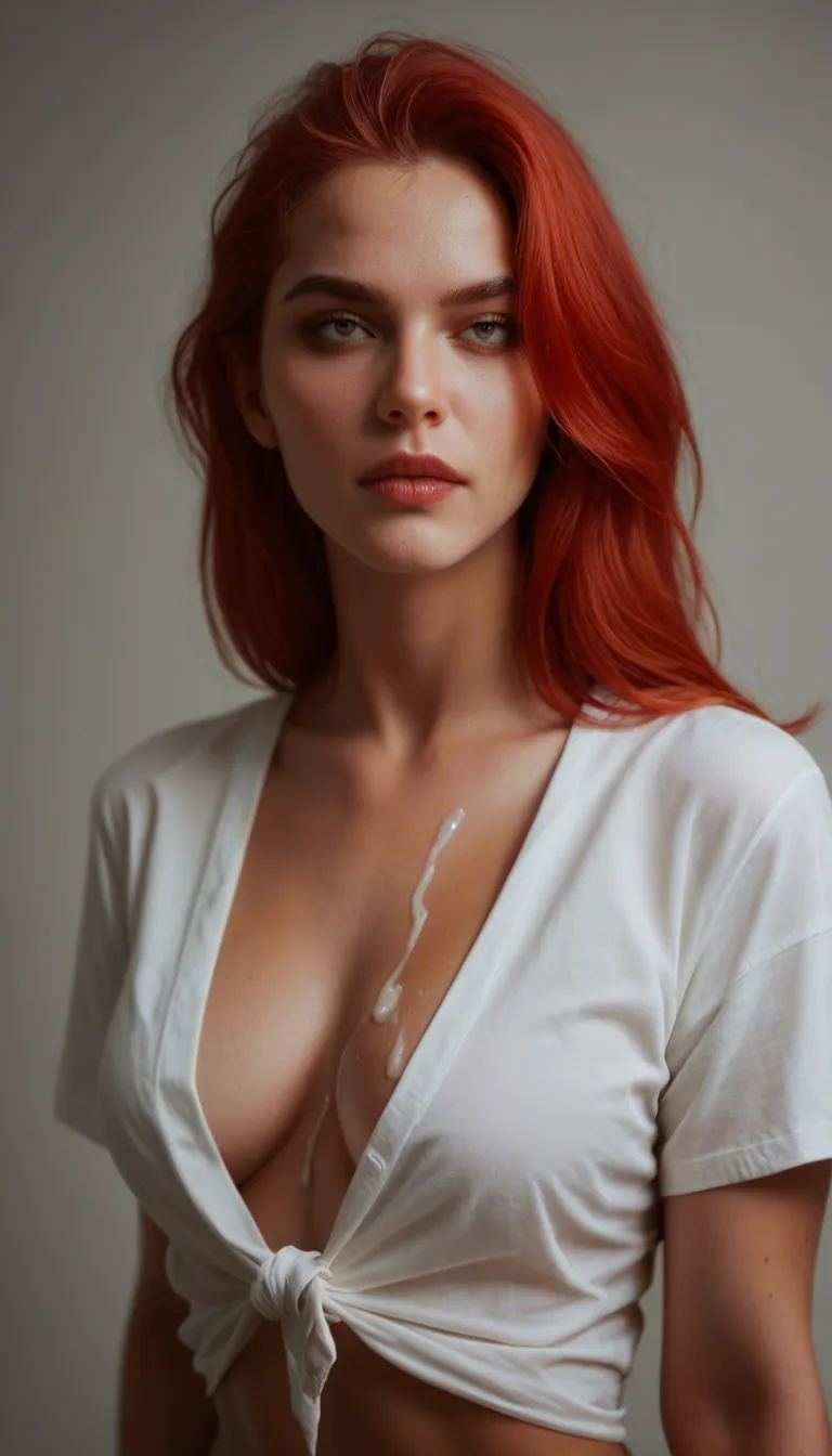 studio quality, sharp focus, demon girl, red hair, white shirt, cumshot, film photography