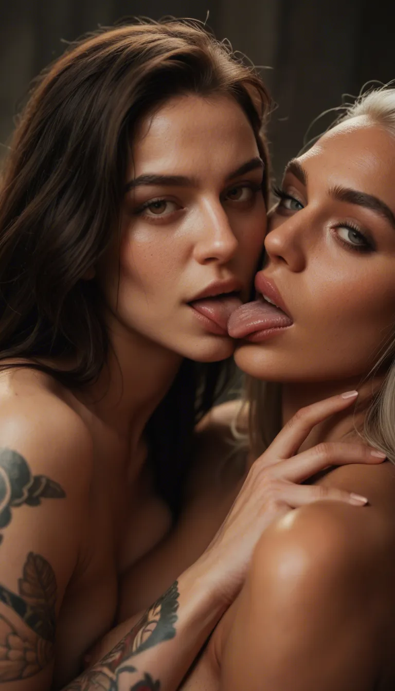 2 hot tattooed females with amazing bodies licking each other's pussies