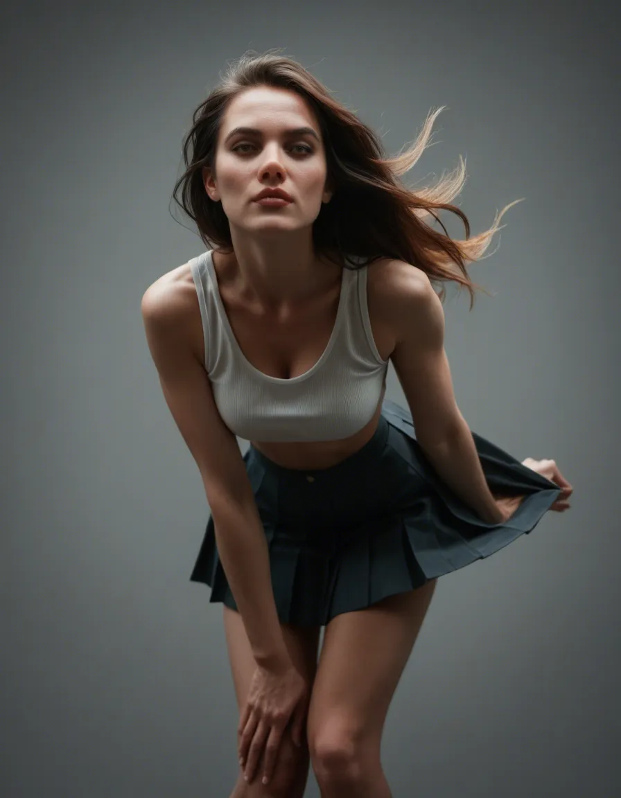 Modern version of Frieren. studio quality, sharp focus, multiple women, floating hair, pleated skirt, bent over, 8k uhd photo, score_9, score_8, candid photo, realistic skin texture, visible skin pores, film grain, depth of field