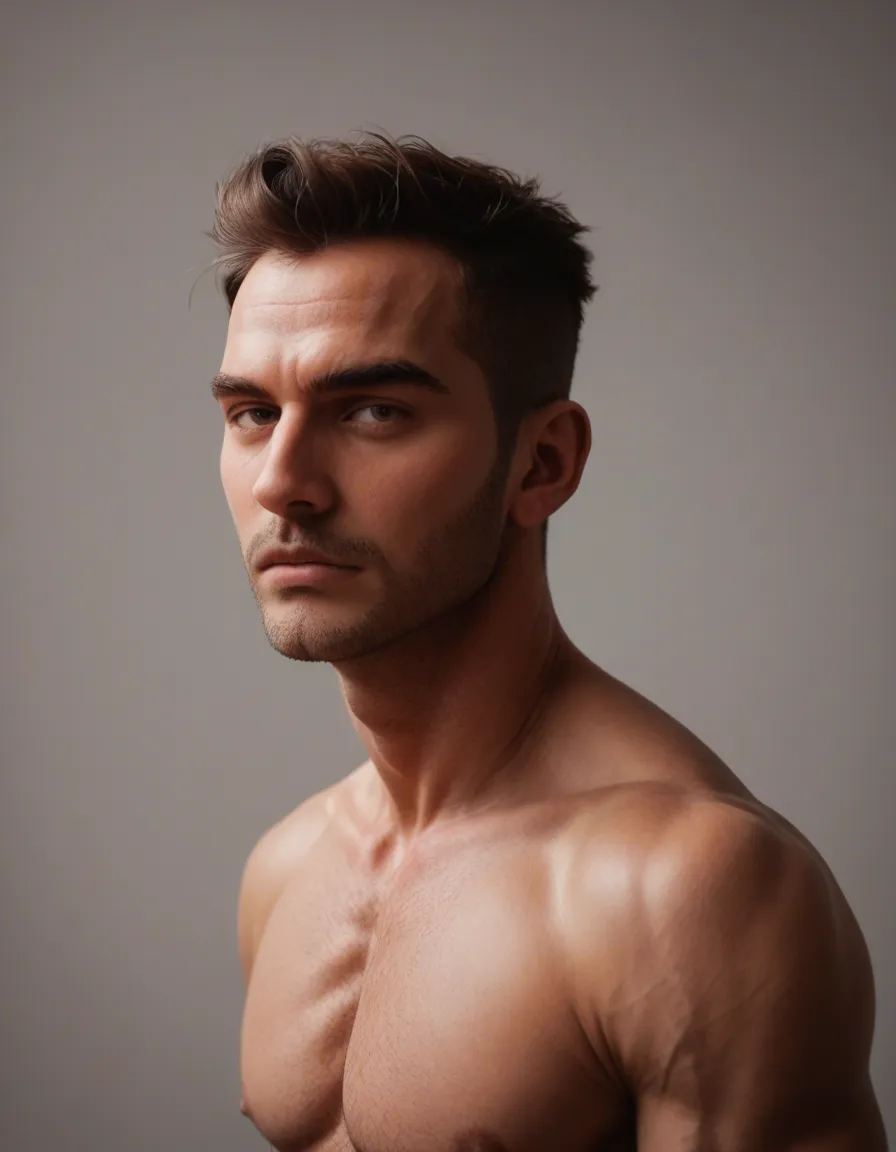 studio quality, sharp focus, male focus, streaked hair, ribbon, fully nude, hyperrealistic, score_9, score_8, candid photo, realistic skin texture, visible skin pores, film grain, depth of field