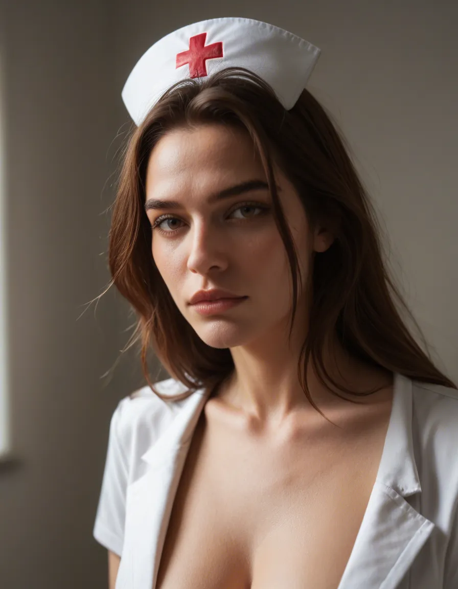 studio quality, sharp focus, close-up, nurse, topless, horse ears, tender moment, photorealistic, score_9, score_8, candid photo, realistic skin texture, visible skin pores, film grain, depth of field