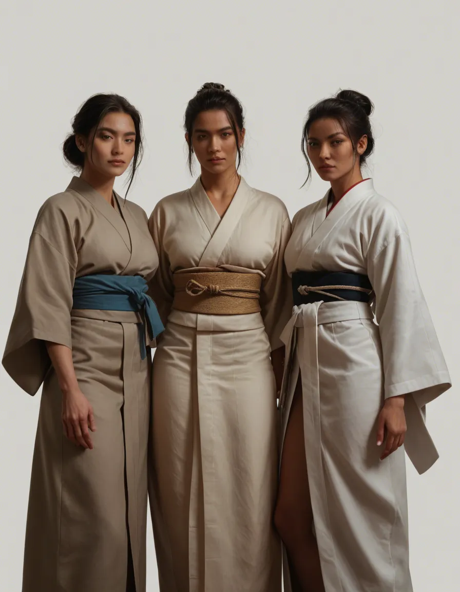 8k, sharp focus, detailed skin, 3women, hand on own hip, japanese clothes, futanari, transparent background, three-quarter view, hyperrealistic, score_9, score_8, candid photo, realistic skin texture, visible skin pores, film grain, depth of field
