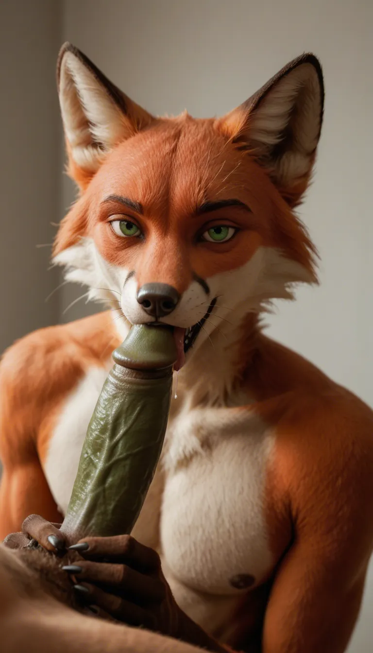 furry, anthro, gay, red fox male with green short_hair thick_hips and green_eyes sucking large_penis, saliva