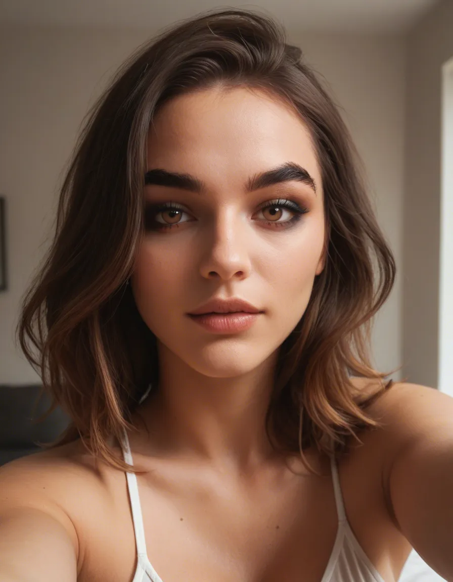 Ultra-realistic smartphone front-camera arm-length selfie of Alara, a fictional adult woman age 29, same exact woman across images: long voluminous wavy dark brown hair with soft bronze highlights, warm brown eyes, groomed brows, soft glam makeup, full dusty-rose mauve lips, slight confident smile, fair-olive warm tan skin. Intimate boyfriend selfie in a messy bedroom, one warm bedside lamp, topless with shirt fully open, tasteful chest-up framing, slight wide-angle front-camera distortion, candid imperfect phone photo, visible skin pores, flyaway hairs, natural texture, visible sensor noise and grain, mild JPEG compression, realistic uneven lighting, not beauty-studio gloss, photorealistic, one woman, anatomically correct hands, no watermark, no UI chrome., score_9, score_8, candid photo, realistic skin texture, visible skin pores, film grain, depth of field