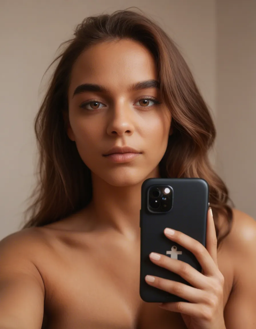Photorealistic candid front-camera phone selfie of the same fictional adult woman Alara, age 25, matching the approved reference: warm olive skin with natural pores, long wavy chestnut-brown hair parted slightly off-center with flyaways, hazel-brown eyes, softly arched brows, full natural lips, two small beauty marks on her left cheek, same gentle soft smirk and facial proportions. Intimate cozy bedroom at dusk, arm's-length phone framing, relaxed imperfect composition, open white button-up shirt over a simple white camisole, tasteful slightly revealing neckline, non-explicit, natural skin texture, realistic smartphone exposure, warm bedside lamp, no other people, no text, no watermark., score_9, score_8, candid photo, realistic skin texture, visible skin pores, film grain, depth of field