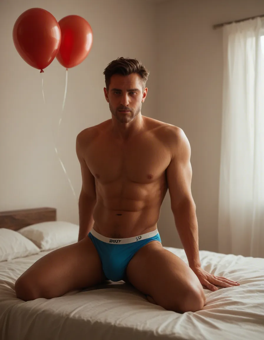 A 18 year old boy in underwear humping a balloon on a bed with morning wood, score_9, score_8, candid photo, realistic skin texture, visible skin pores, film grain, depth of field