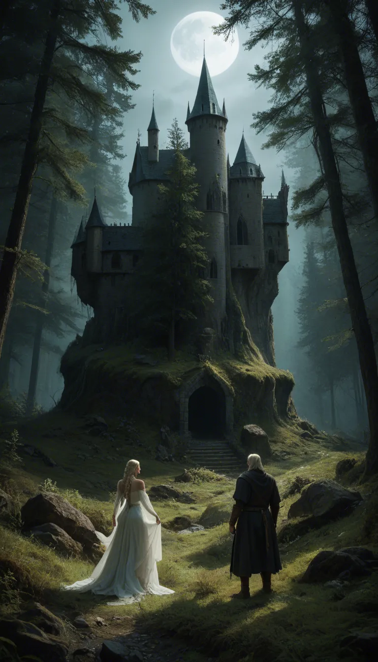 Setting: A medieval forest, midnight, moonlight, an atmospheric scene; moonlight filters through the trees; a medieval castle is visible on the horizon; the grass sways in the background. Pose: 1 woman and 1 man; the woman is blonde, has very long platinum-blonde braids, is of Caucasian origins, a 24-year-old bodybuilder, naked, topless, wearing gold hoop earrings, a brown leather collar, Dark Age-style boots, and wristbands; she is very muscular, has the physique of a bodybuilder, and very small breasts (muscle score: 1.9), as well as extremely long nipples. The man is a very thin Black man with a large penis. The woman is being anally fucked by the Black man in the doggy style position while she bends over a stone altar, score_9, score_8, candid photo, realistic skin texture, visible skin pores, film grain, depth of field, score_9, score_8, candid photo, realistic skin texture, visible skin pores, film grain, depth of field