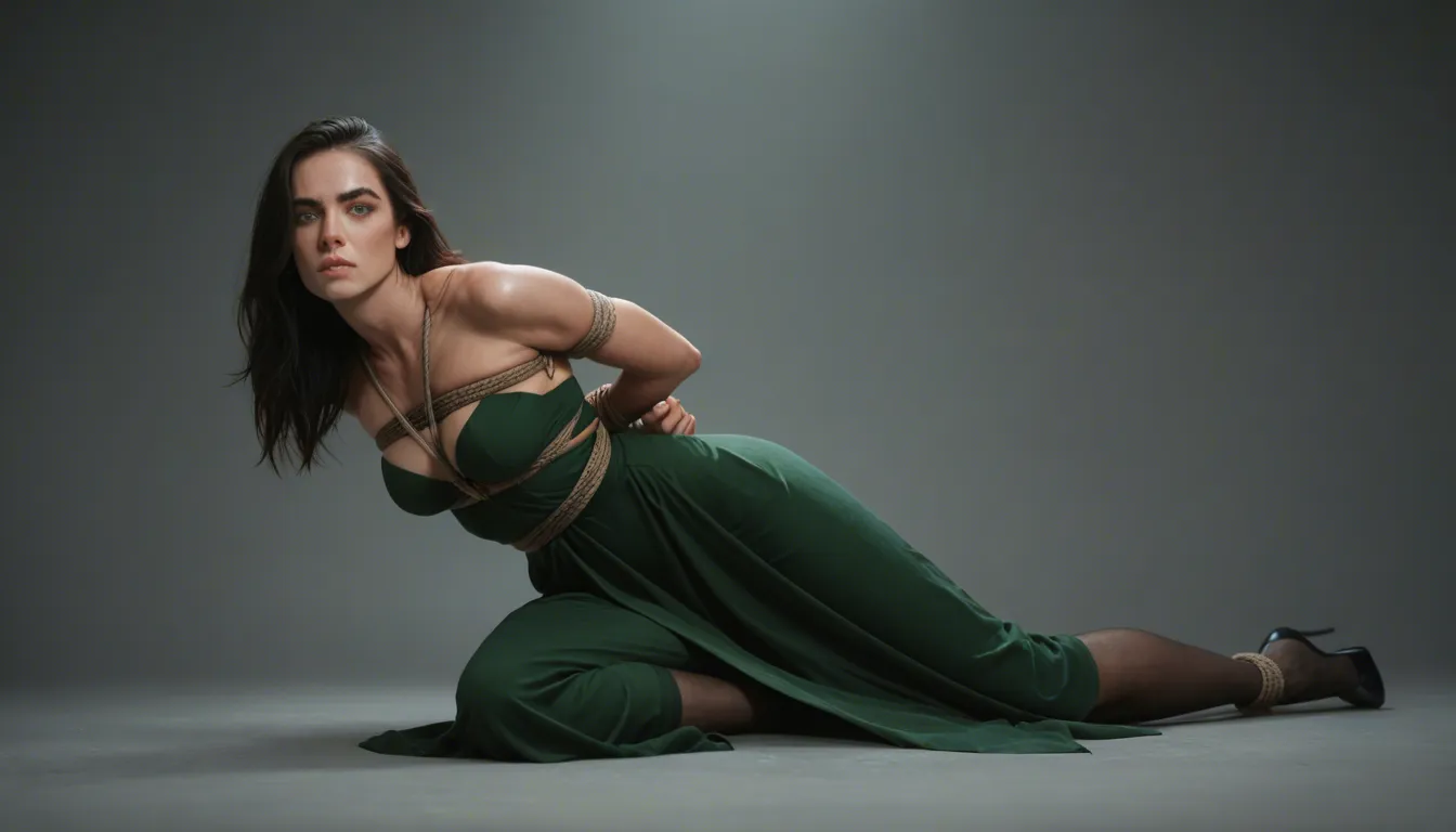 Dark haired, green eyes woman, in green mid long dress, black stockings and heels, tied up in rope bondage (chest, hands tied behind her back), standing, leaning forward, in profile, is fucked in the ass and is blowing the big cock of two tall, thin and busty shemales, with dark hair styled in braid, framed eyeglasses and dressed in a suit with heels