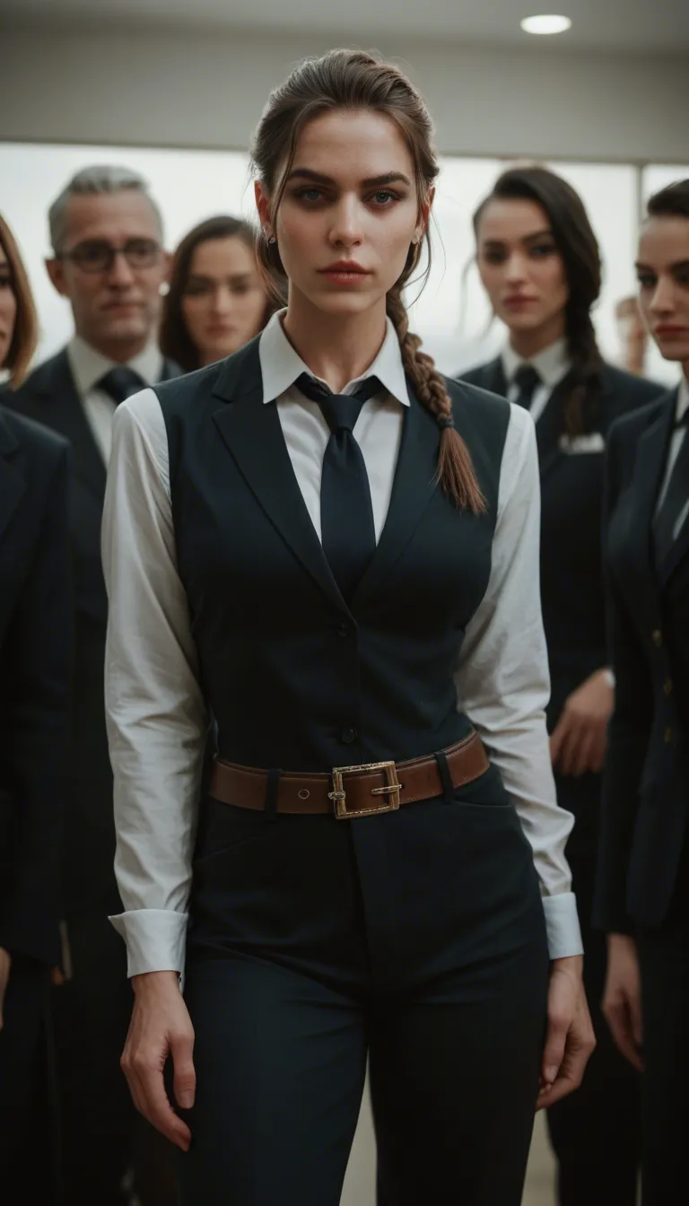 professional photo, high detail, 6+women, single braid, belt, teasing, lifelike render