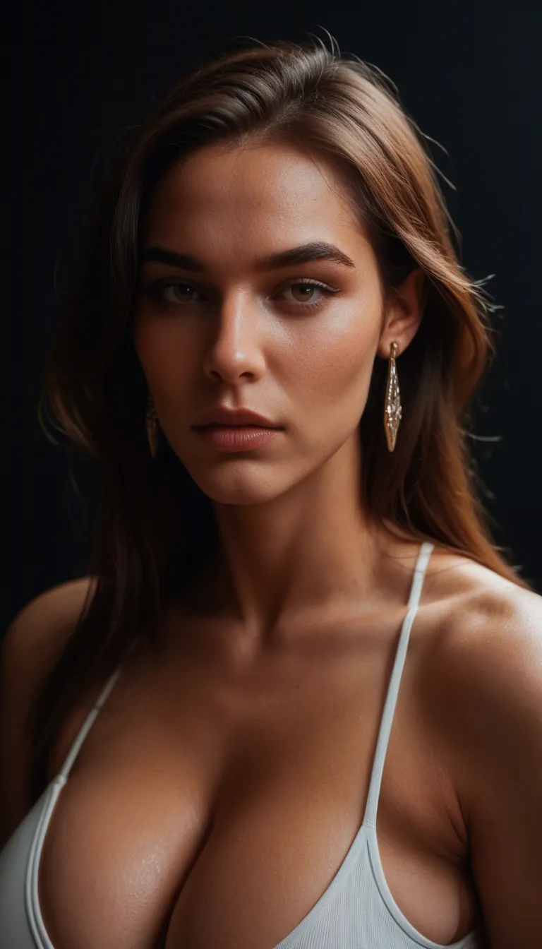 best quality, hyperrealistic, solo, huge breasts, earrings, presenting, black background, 8k uhd photo