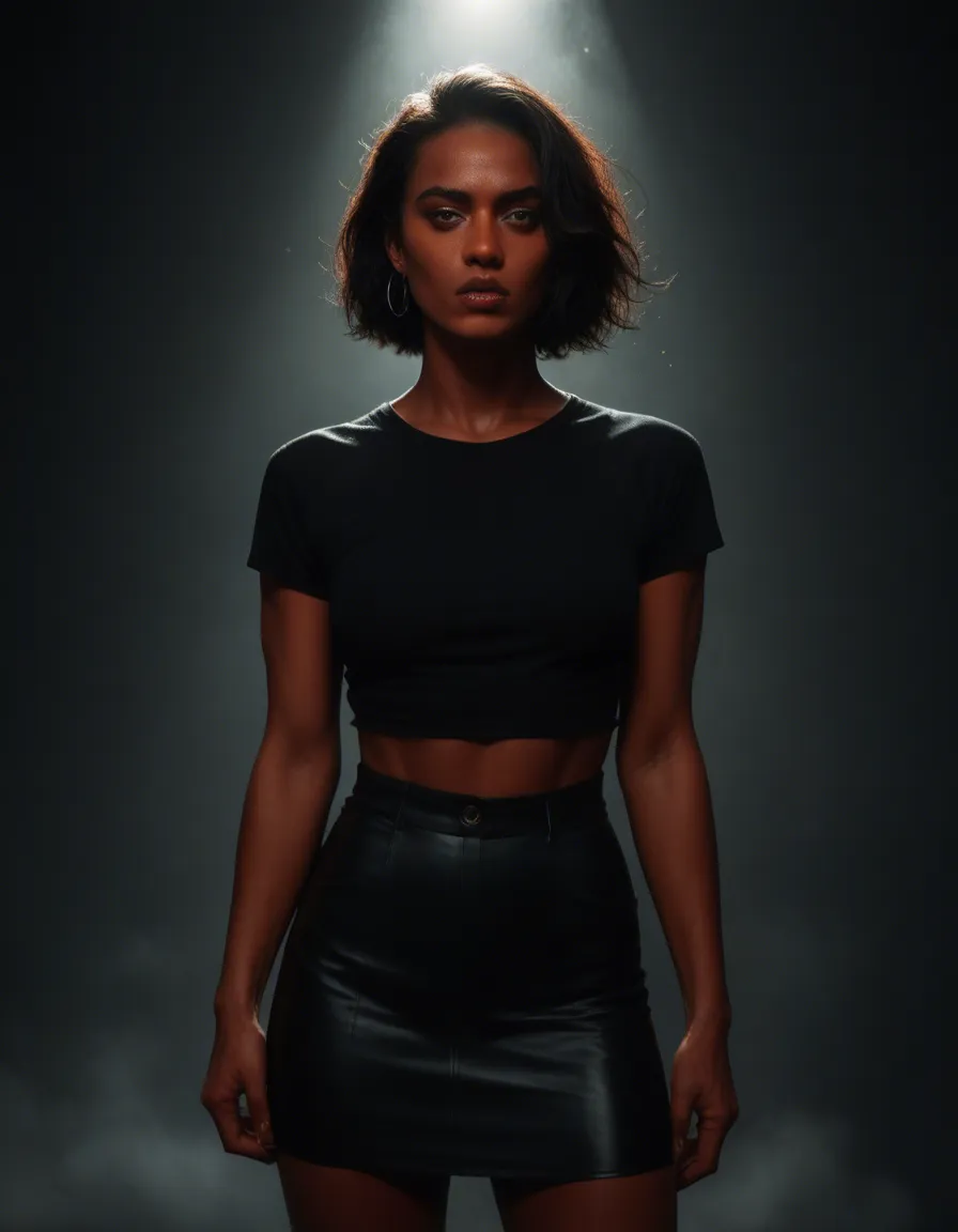 sharp focus, 8k uhd, demon woman, short hair, skirt, presenting, dramatic lighting, photorealistic, score_9, score_8, candid photo, realistic skin texture, visible skin pores, film grain, depth of field