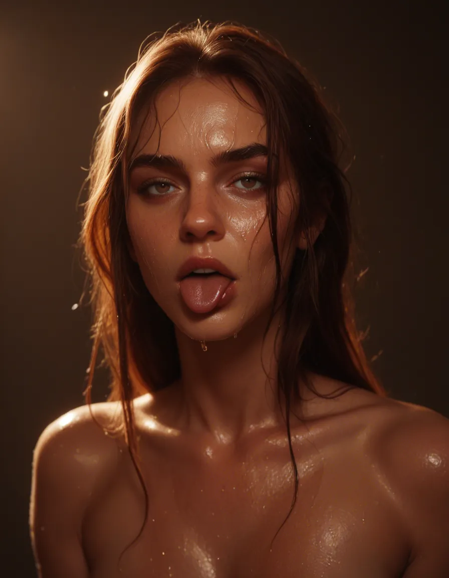 red_hair, small_breasts, sweaty so n, wet hair, tongue out, gooning, score_9, score_8, cinematic film still, anamorphic, film grain, dramatic lighting, shallow depth of field